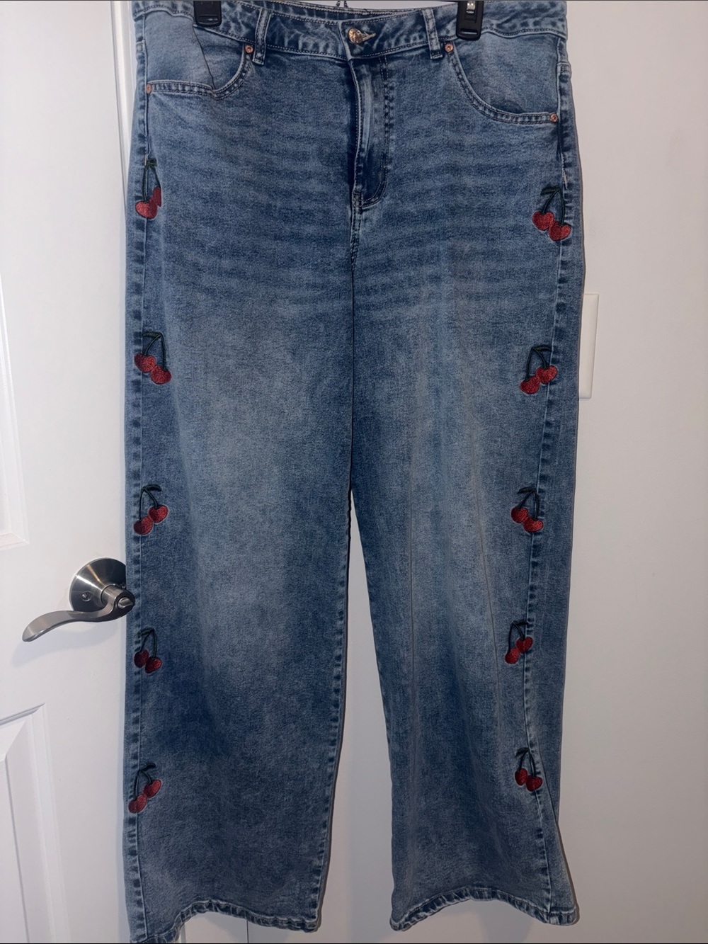 Madden Wide-Leg Jeans with Cherry Embroidery